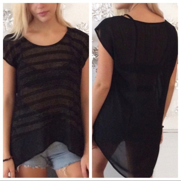 Lush Tops - Lush Black Sheer Strip Sort Sleeve Top Small